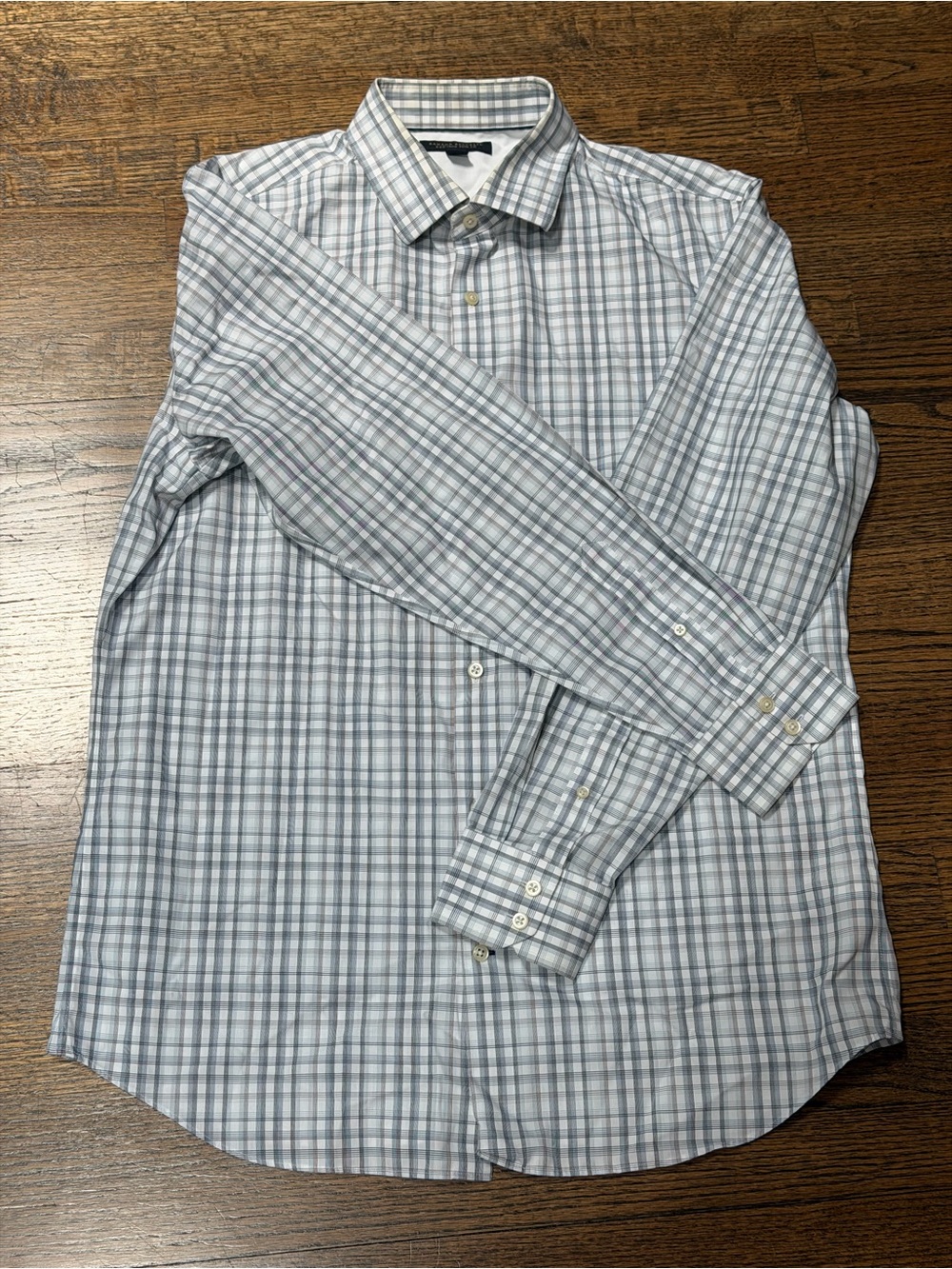 Banana Republic Non-Iron Slim Fit Gray Blue Plaid Dress Shirt L